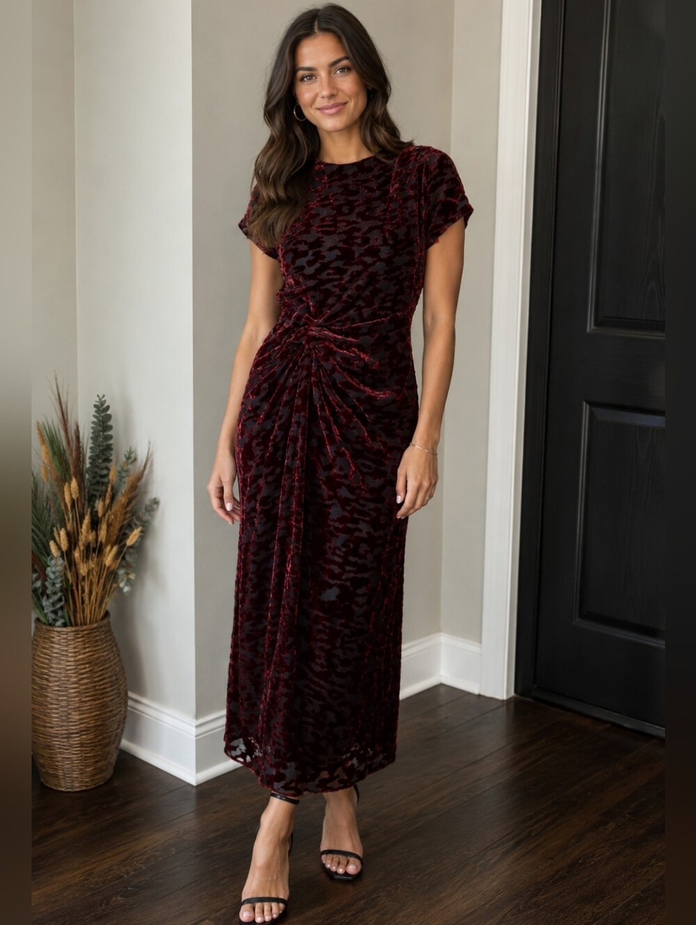 Limited Edition Zara Velvet & Mulberry Silk Midi Dress Burgundy & Black Small